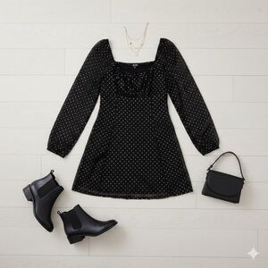 LILY ROSE Women’s Plus Black Gold Polka Dot Mini Dress Sheer Long Sleeve XXL